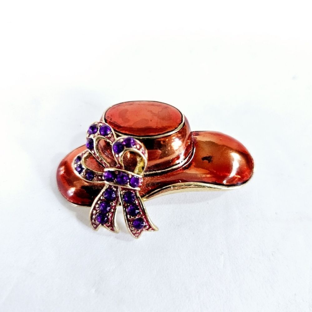 Vintage 1980's Red Hat Society Enameled Purple Rhinestone Bow Ribbon Brooch Pin